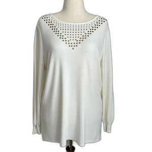 Misook White Long Sleeve Gold Embellishment Detail Knit Sweater Size L